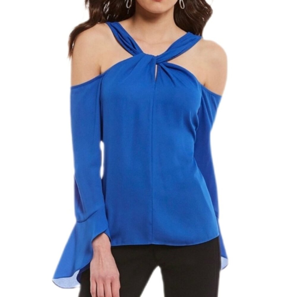 Halston Blue Cold Shoulder Blouse Womens Size XL Long Sleeve Twist Halter Top - Picture 14 of 14